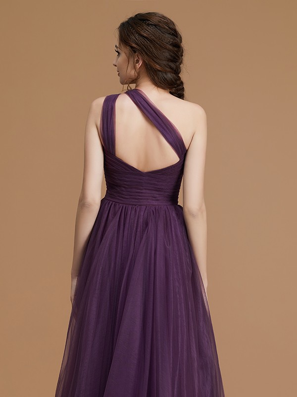 A-Line/Princess One-Shoulder Sleeveless Floor-Length Ruched Tulle Bridesmaid Dresses 2401