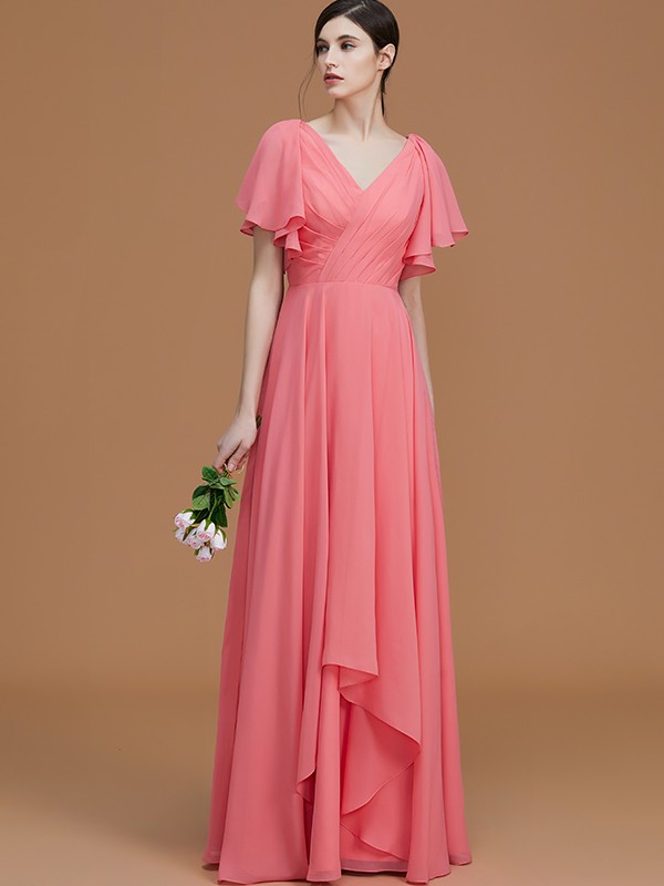 A-Line/Princess V-neck Short Sleeves Floor-Length Ruched Chiffon Bridesmaid Dresses 2817