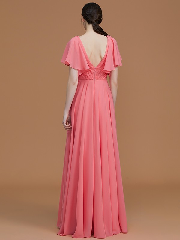 A-Line/Princess V-neck Short Sleeves Floor-Length Ruched Chiffon Bridesmaid Dresses 2817