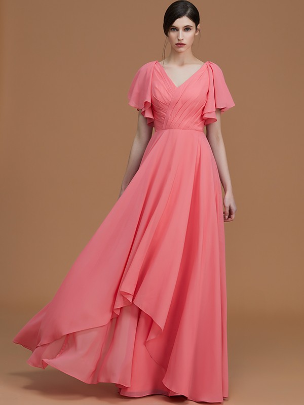 A-Line/Princess V-neck Short Sleeves Floor-Length Ruched Chiffon Bridesmaid Dresses 2817