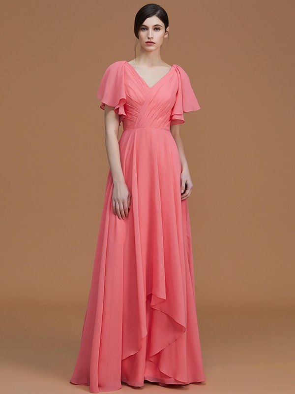 A-Line/Princess V-neck Short Sleeves Floor-Length Ruched Chiffon Bridesmaid Dresses 2817