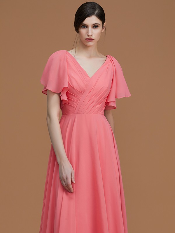 A-Line/Princess V-neck Short Sleeves Floor-Length Ruched Chiffon Bridesmaid Dresses 2817