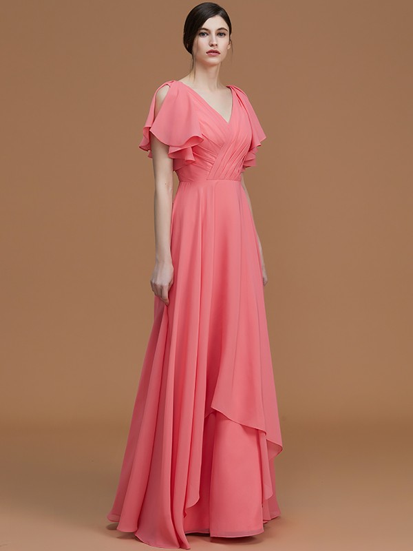 A-Line/Princess V-neck Short Sleeves Floor-Length Ruched Chiffon Bridesmaid Dresses 2817