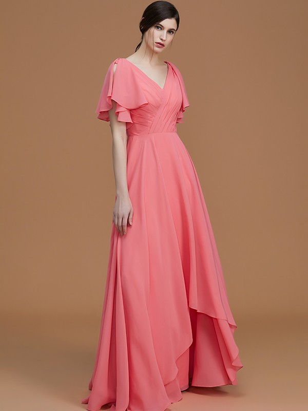 A-Line/Princess V-neck Short Sleeves Floor-Length Ruched Chiffon Bridesmaid Dresses 2817