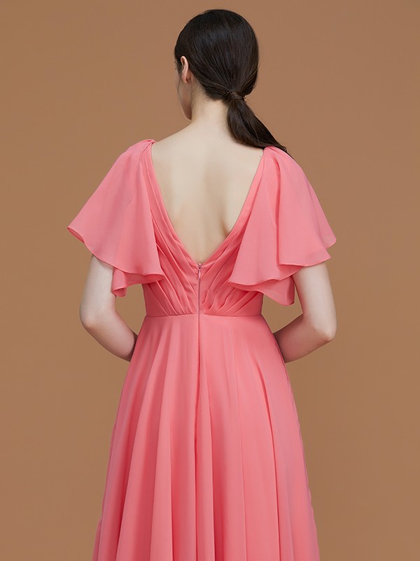 A-Line/Princess V-neck Short Sleeves Floor-Length Ruched Chiffon Bridesmaid Dresses 2817