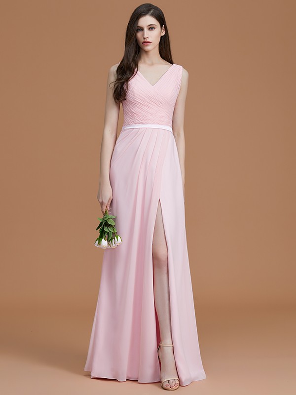 A-Line/Princess V-neck Sleeveless Floor-Length Ruched Chiffon Bridesmaid Dresses 2829