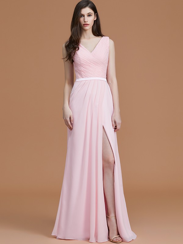 A-Line/Princess V-neck Sleeveless Floor-Length Ruched Chiffon Bridesmaid Dresses 2829