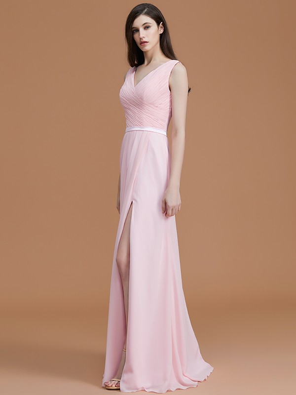 A-Line/Princess V-neck Sleeveless Floor-Length Ruched Chiffon Bridesmaid Dresses 2829