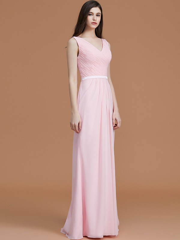 A-Line/Princess V-neck Sleeveless Floor-Length Ruched Chiffon Bridesmaid Dresses 2829