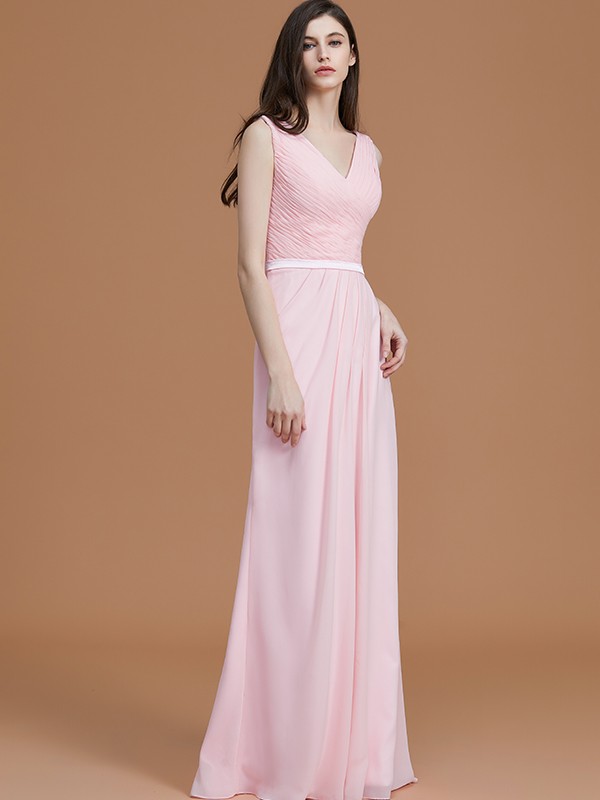 A-Line/Princess V-neck Sleeveless Floor-Length Ruched Chiffon Bridesmaid Dresses 2829