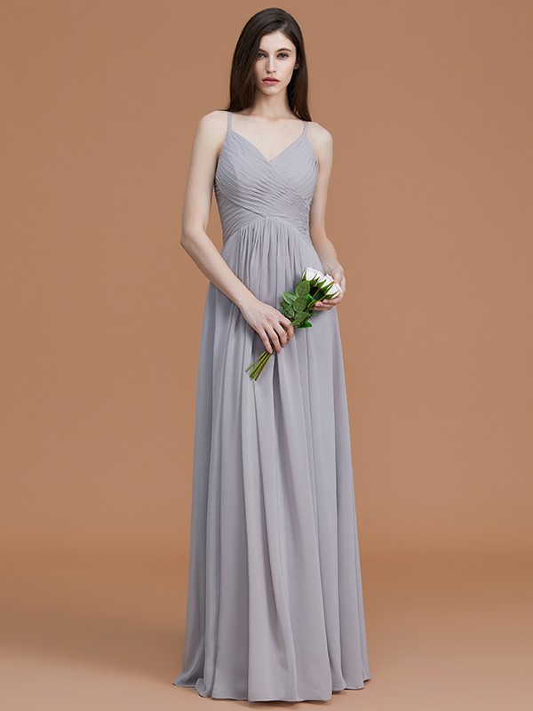 A-Line/Princess Spaghetti Straps Sleeveless Floor-Length Ruched Chiffon Bridesmaid Dresses 2545