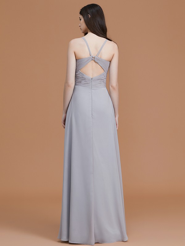 A-Line/Princess Spaghetti Straps Sleeveless Floor-Length Ruched Chiffon Bridesmaid Dresses 2545