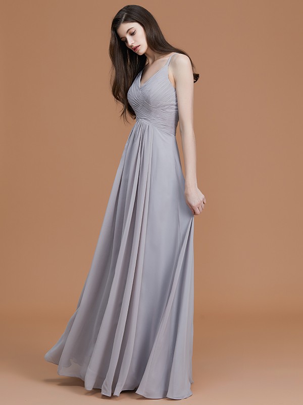 A-Line/Princess Spaghetti Straps Sleeveless Floor-Length Ruched Chiffon Bridesmaid Dresses 2545