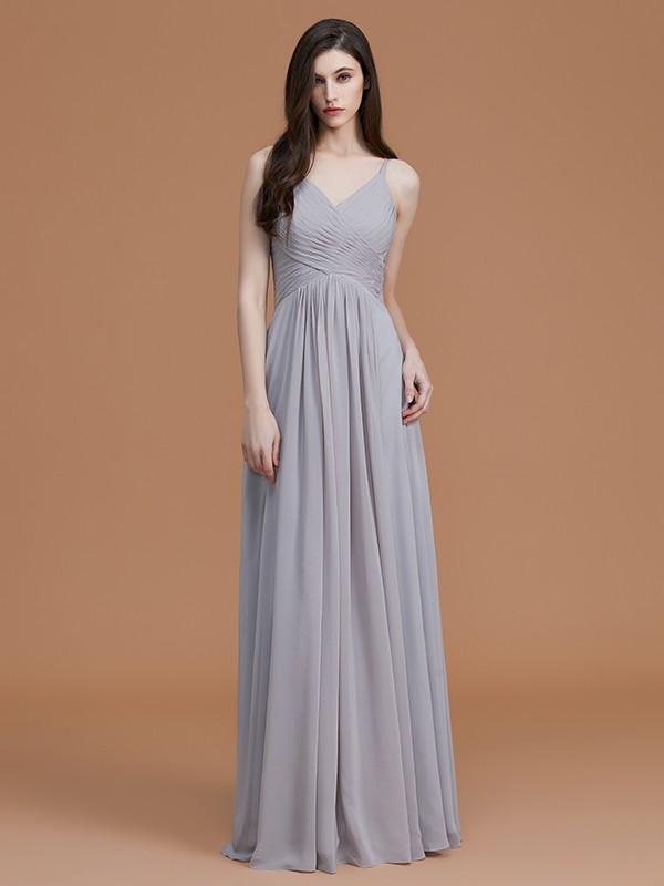 A-Line/Princess Spaghetti Straps Sleeveless Floor-Length Ruched Chiffon Bridesmaid Dresses 2545