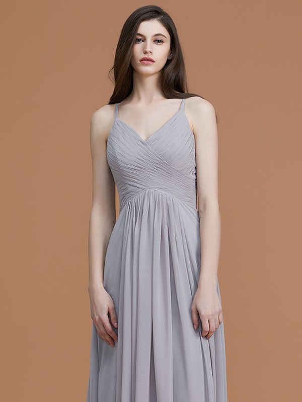 A-Line/Princess Spaghetti Straps Sleeveless Floor-Length Ruched Chiffon Bridesmaid Dresses 2545