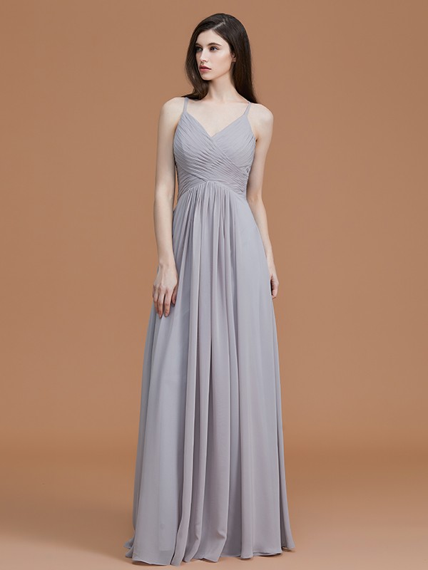 A-Line/Princess Spaghetti Straps Sleeveless Floor-Length Ruched Chiffon Bridesmaid Dresses 2545