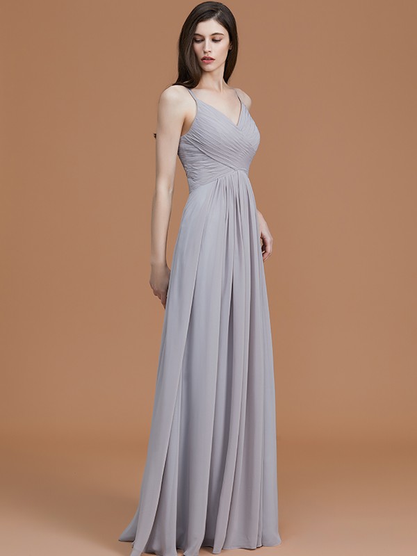 A-Line/Princess Spaghetti Straps Sleeveless Floor-Length Ruched Chiffon Bridesmaid Dresses 2545