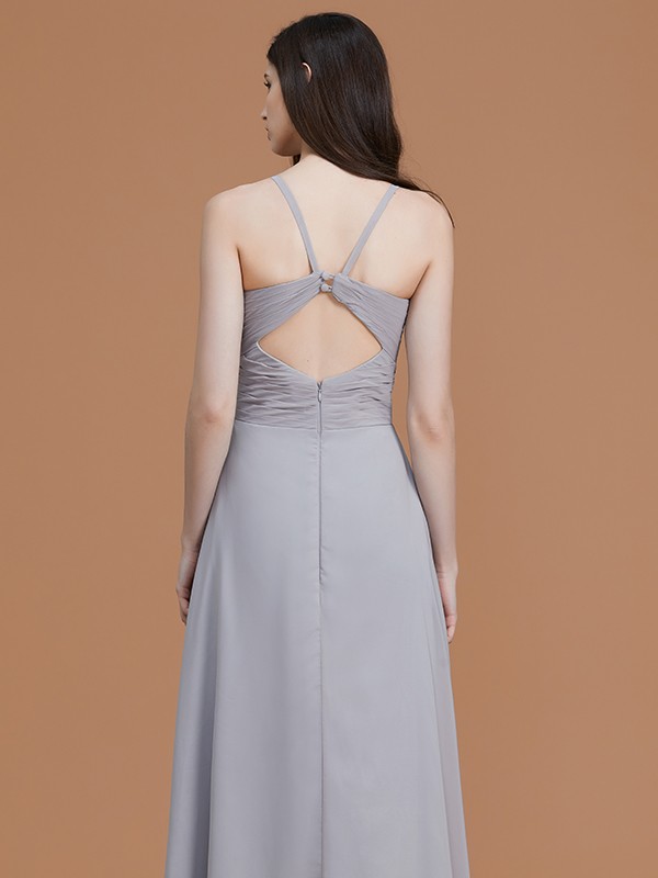 A-Line/Princess Spaghetti Straps Sleeveless Floor-Length Ruched Chiffon Bridesmaid Dresses 2545