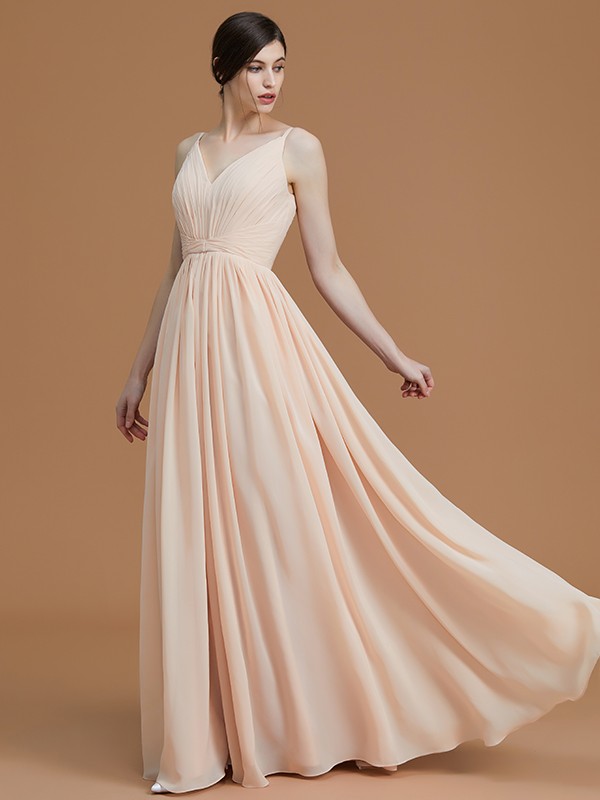 A-Line/Princess V-neck Sleeveless Floor-Length Ruffles Chiffon Bridesmaid Dresses 2832