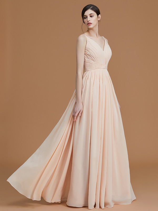 A-Line/Princess V-neck Sleeveless Floor-Length Ruffles Chiffon Bridesmaid Dresses 2832