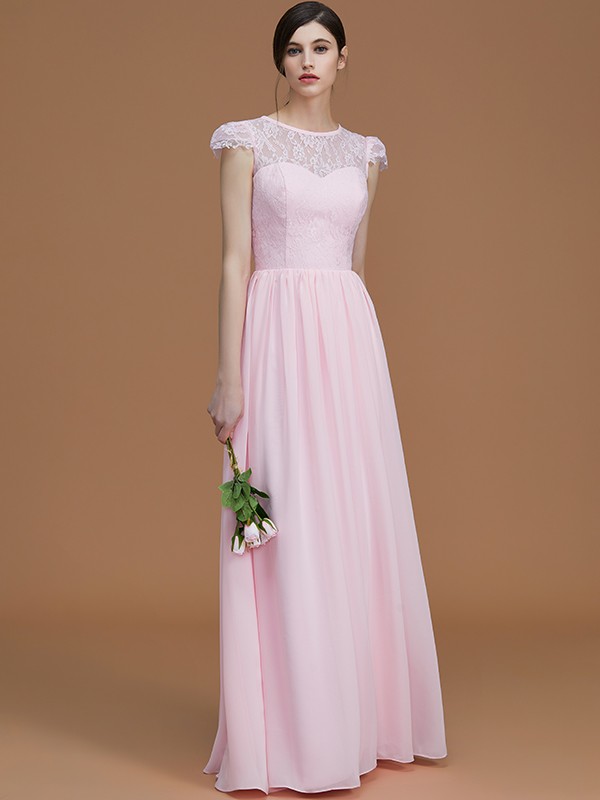 A-Line/Princess Jewel Short Sleeves Floor-Length Lace Chiffon Bridesmaid Dresses 2336