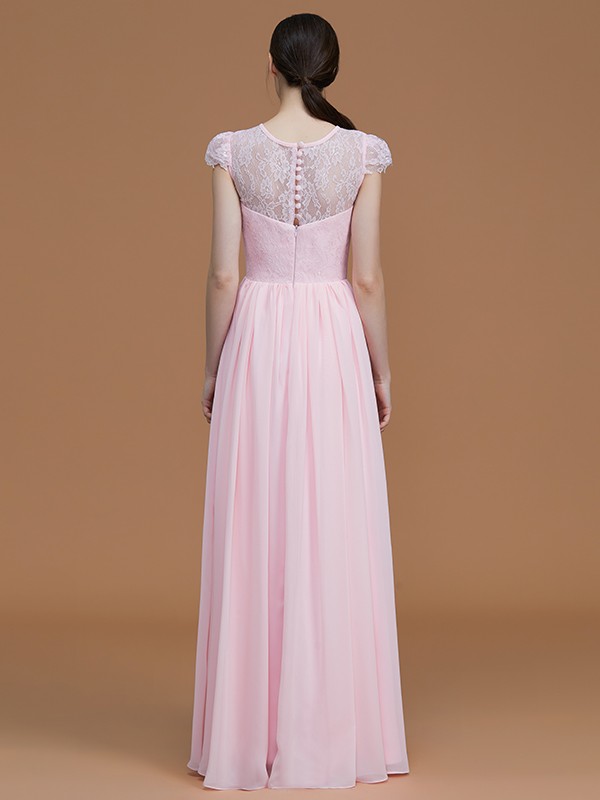 A-Line/Princess Jewel Short Sleeves Floor-Length Lace Chiffon Bridesmaid Dresses 2336