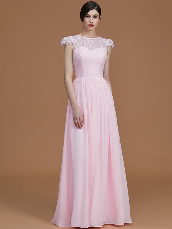 A-Line/Princess Jewel Short Sleeves Floor-Length Lace Chiffon Bridesmaid Dresses 2336