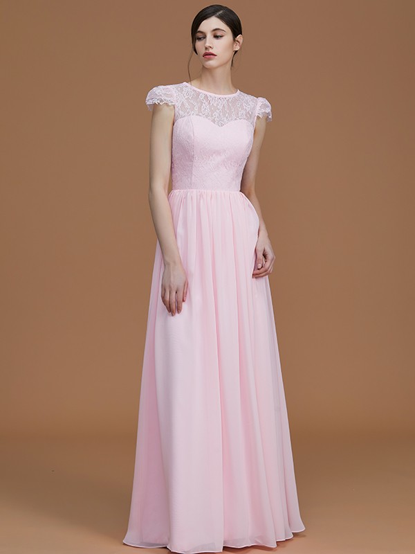 A-Line/Princess Jewel Short Sleeves Floor-Length Lace Chiffon Bridesmaid Dresses 2336