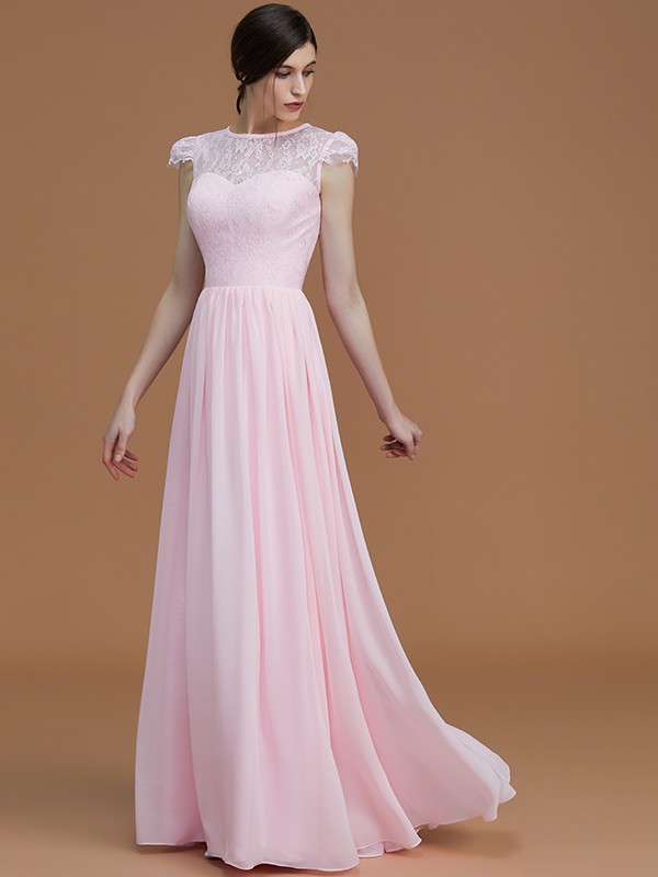 A-Line/Princess Jewel Short Sleeves Floor-Length Lace Chiffon Bridesmaid Dresses 2336