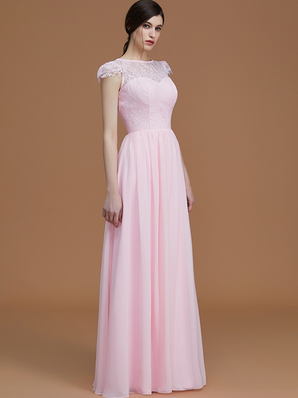 A-Line/Princess Jewel Short Sleeves Floor-Length Lace Chiffon Bridesmaid Dresses 2336