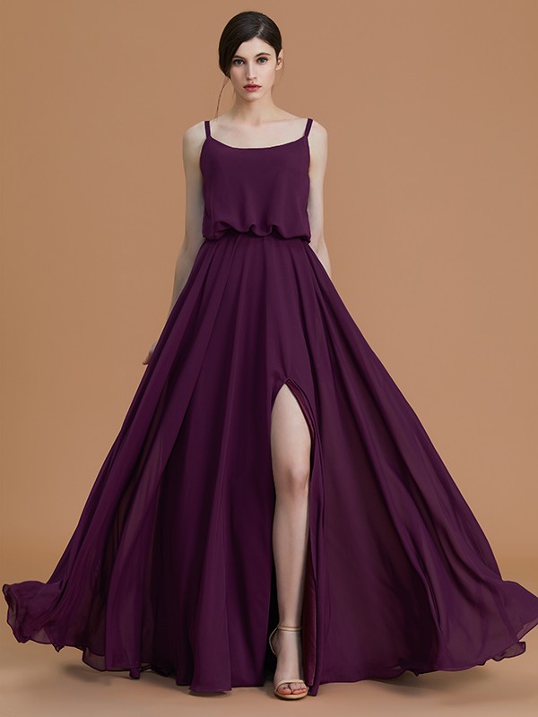 A-Line/Princess Spaghetti Straps Sleeveless Floor-Length Ruffles Chiffon Bridesmaid Dresses 2547