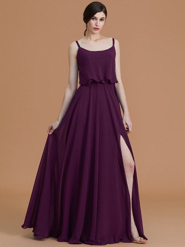 A-Line/Princess Spaghetti Straps Sleeveless Floor-Length Ruffles Chiffon Bridesmaid Dresses 2547