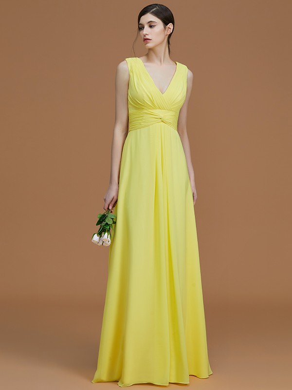 A-Line/Princess V-neck Sleeveless Floor-Length Ruched Chiffon Bridesmaid Dresses 2830