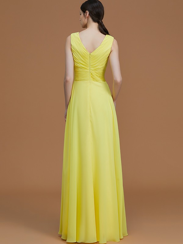 A-Line/Princess V-neck Sleeveless Floor-Length Ruched Chiffon Bridesmaid Dresses 2830