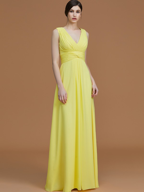 A-Line/Princess V-neck Sleeveless Floor-Length Ruched Chiffon Bridesmaid Dresses 2830