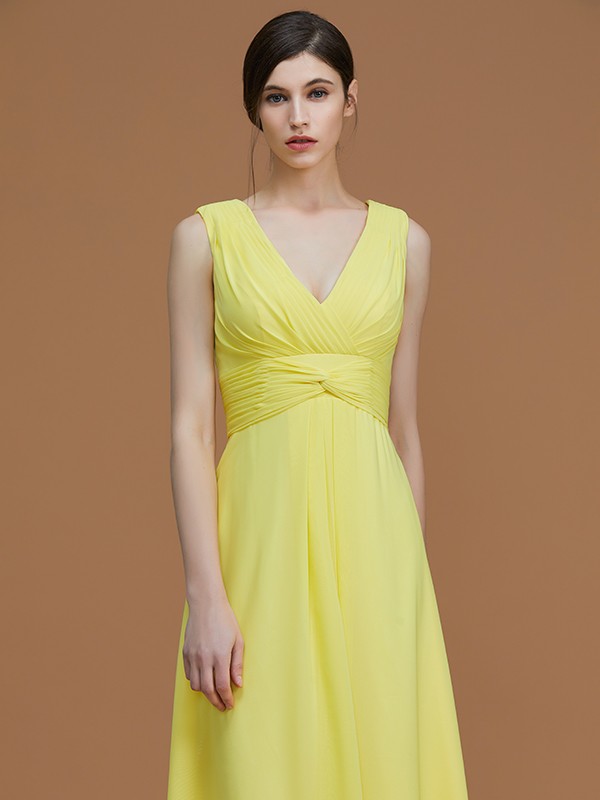 A-Line/Princess V-neck Sleeveless Floor-Length Ruched Chiffon Bridesmaid Dresses 2830