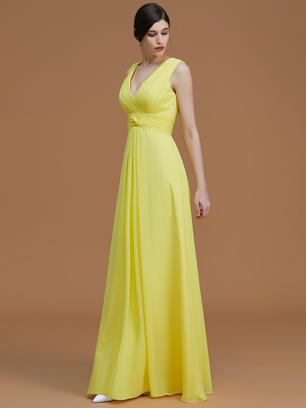 A-Line/Princess V-neck Sleeveless Floor-Length Ruched Chiffon Bridesmaid Dresses 2830