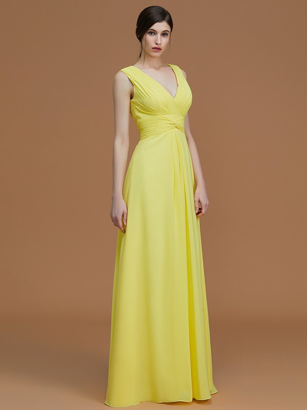 A-Line/Princess V-neck Sleeveless Floor-Length Ruched Chiffon Bridesmaid Dresses 2830