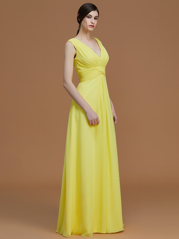 A-Line/Princess V-neck Sleeveless Floor-Length Ruched Chiffon Bridesmaid Dresses 2830