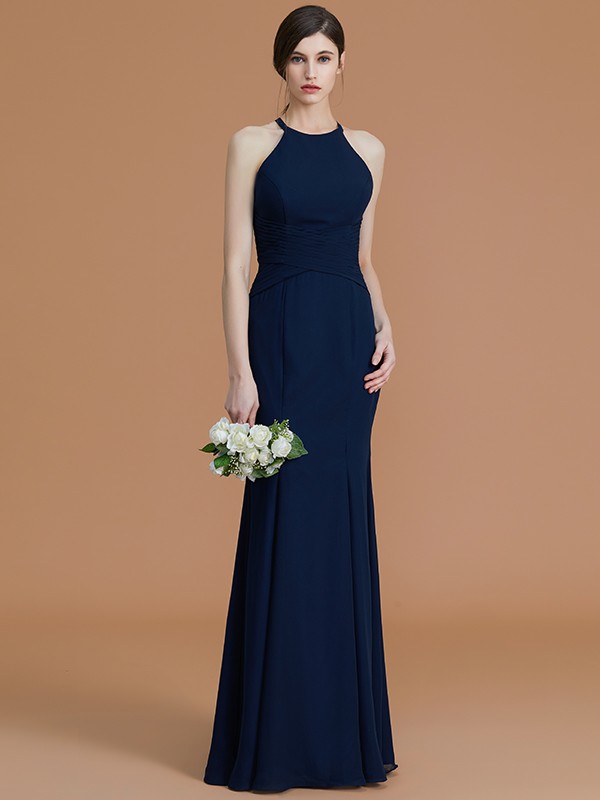 Trumpet/Mermaid Halter Sleeveless Floor-Length Ruched Chiffon Bridesmaid Dresses 3246