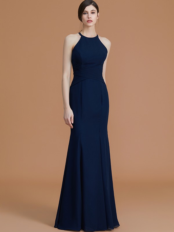 Trumpet/Mermaid Halter Sleeveless Floor-Length Ruched Chiffon Bridesmaid Dresses 3246