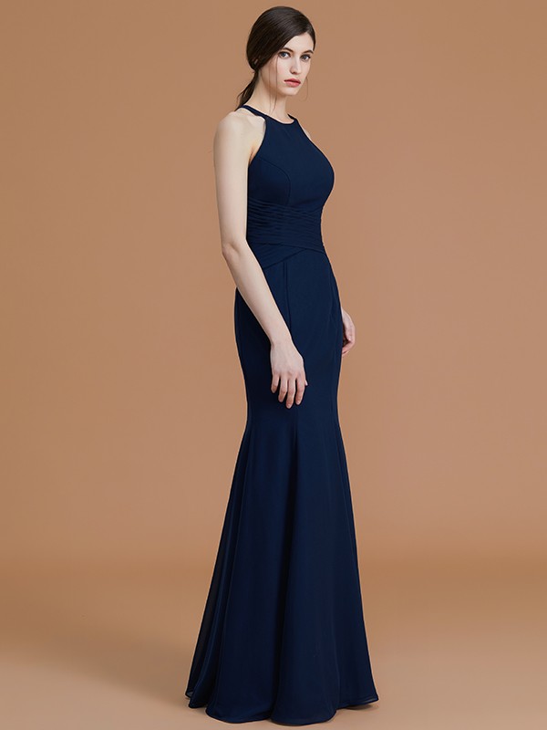 Trumpet/Mermaid Halter Sleeveless Floor-Length Ruched Chiffon Bridesmaid Dresses 3246