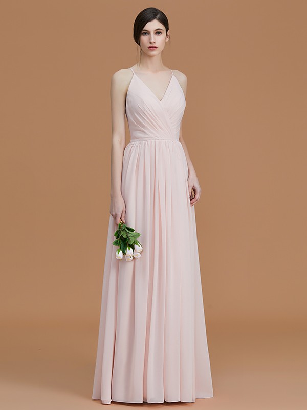 A-Line/Princess Spaghetti Straps Sleeveless Floor-Length Ruched Chiffon Bridesmaid Dresses 2546