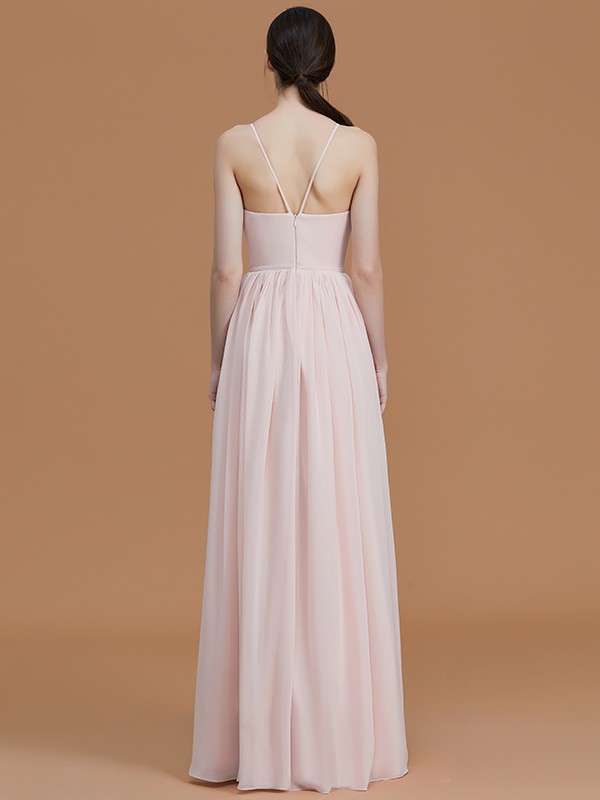 A-Line/Princess Spaghetti Straps Sleeveless Floor-Length Ruched Chiffon Bridesmaid Dresses 2546