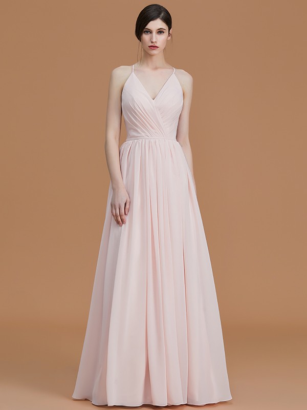 A-Line/Princess Spaghetti Straps Sleeveless Floor-Length Ruched Chiffon Bridesmaid Dresses 2546