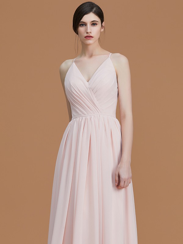 A-Line/Princess Spaghetti Straps Sleeveless Floor-Length Ruched Chiffon Bridesmaid Dresses 2546