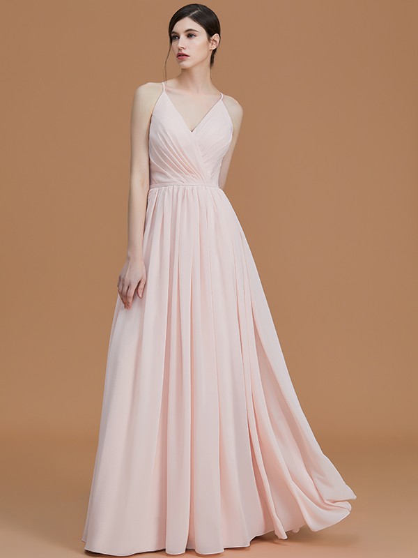 A-Line/Princess Spaghetti Straps Sleeveless Floor-Length Ruched Chiffon Bridesmaid Dresses 2546