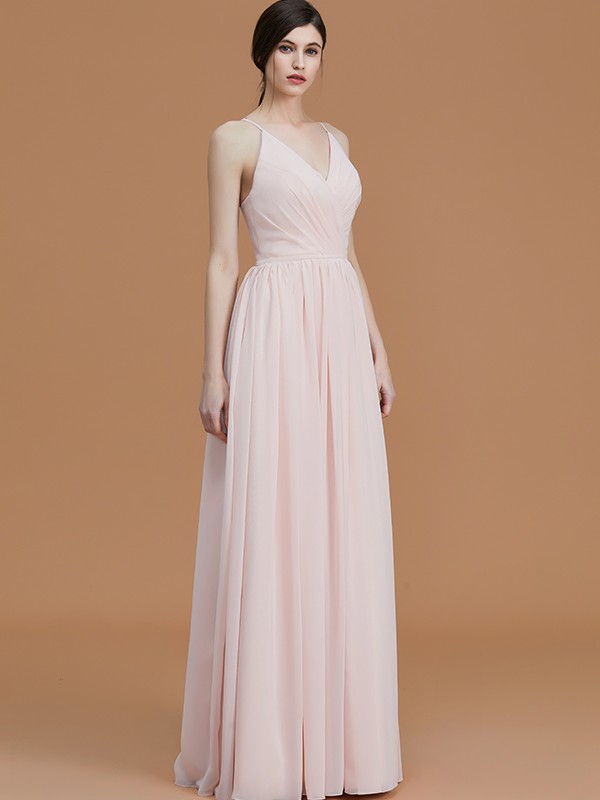 A-Line/Princess Spaghetti Straps Sleeveless Floor-Length Ruched Chiffon Bridesmaid Dresses 2546