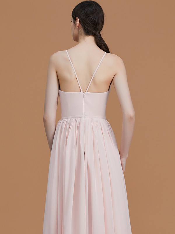 A-Line/Princess Spaghetti Straps Sleeveless Floor-Length Ruched Chiffon Bridesmaid Dresses 2546