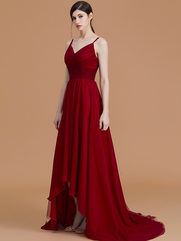 A-Line/Princess Spaghetti Straps Sleeveless Asymmetrical Ruffles Chiffon Bridesmaid Dresses 2541